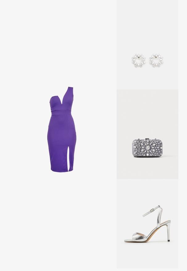 Robe moulante violette avec un décolleté plongeant en V, un design asymétrique à une épaule, et une fente haute sur la cuisse. Fabriquée en matériau extensible pour une coupe près du corps.; Sandale à talon haut argentée avec un bout ouvert, texture métallique et bride de cheville ajustable. Présente un talon aiguille effilé et une semelle intérieure lisse.; Petit sac pochette rectangulaire gris foncé orné de strass clairs disposés en motif rayonnant, avec une bandoulière chaîne argentée.; Boucles d'oreilles circulaires en métal, ornées de plusieurs pierres transparentes et facettées disposées dans un motif étincelant. Incolores et réfléchissantes.