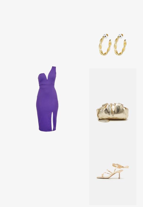 Robe moulante violette avec un décolleté plongeant en V, un design asymétrique à une épaule, et une fente haute sur la cuisse. Fabriquée en matériau extensible pour une coupe près du corps.; Sandale à talons hauts dorée avec un design élégant, de fines lanières, un lien à la cheville et un talon métallique minimaliste. Texture lisse.; Pochette métallique dorée avec une texture froissée, de forme arrondie et douce, et une chaîne amovible. Présente un design froncé en haut.; Boucles d'oreilles créoles dorées torsadées avec une surface lisse, présentant un dos transparent et une quincaillerie dorée.