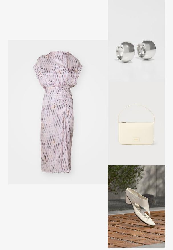 Helllila Kleid mit lockerer Passform, aus strukturiertem Stoff, mit vertikalen Mustern und einer gerafften Taille für eine schmeichelhafte Form.; Weißer Ledersandalette mit hohem Absatz, breitem Riemen und Zehensteg, im Freien auf einer Holz- und Kiesfliesenfläche mit Grün im Hintergrund gezeigt.; Rechteckige Handtasche in Cremefarbe mit einem einzelnen Trageriemen und Reißverschluss oben, ausgestattet mit einer kleinen, geprägten Logoplakette vorne.; Uncommon Matters SCULPTURAL LARGE CREOLE - Ohrringe - silver-coloured