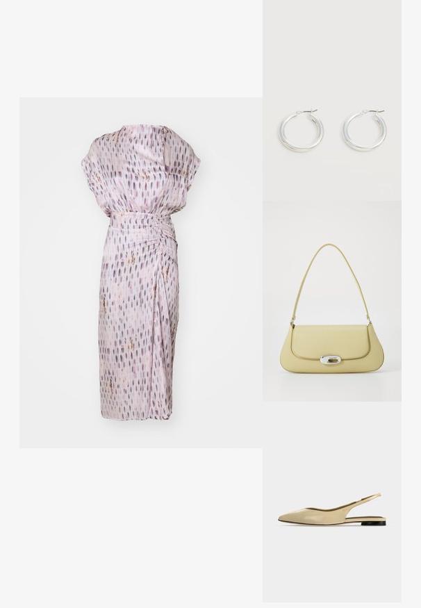 Vestido de color púrpura claro con un corte holgado, que presenta una tela texturizada, patrones verticales y una cintura fruncida para dar forma.; Zapato plano beige con puntera puntiaguda, diseño slingback, tacón bajo negro y acabado en cuero liso, mostrado de perfil sobre un fondo liso.; Bolso de cuero amarillo con forma redondeada, una correa de hombro única y un cierre ovalado de hardware plateado que presenta el nombre de la marca.; Par de pendientes de aro plateados brillantes de tamaño mediano con cierres metálicos finos sobre un fondo neutro claro.