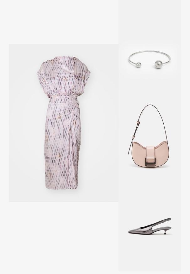 Helllila Kleid mit lockerer Passform, aus strukturiertem Stoff, mit vertikalen Mustern und einer gerafften Taille für eine schmeichelhafte Form.; Metallic-grauer Slingback-Schuh mit spitzer Schuhspitze, niedrigem Kittenabsatz und verstellbarem Riemen auf weißem Hintergrund.; Kleine, geschwungene Handtasche aus pinkem Leder mit glänzender Oberfläche, ausgestattet mit einem schwarzen Akzentgurt und einem großen schwarzen Verschluss. Crossbody-Design.; Silberner Metallarmreif mit zwei kugelförmigen Akzenten an jedem Ende, glatte Oberfläche, offenes Design und schlanker, minimalistischer Form.