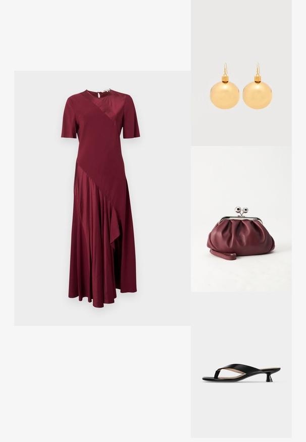 Burgundy short-sleeve midi dress with asymmetrical satin panels and a round neckline with back button closure.; Black leather thong sandal with low kitten heel and slightly squared toe on plain light gray background.; Small burgundy leather clutch purse with silver metal clasp and wrist strap on a white background.; Pair of shiny gold Christmas bauble earrings with hook fastenings on a plain white background.