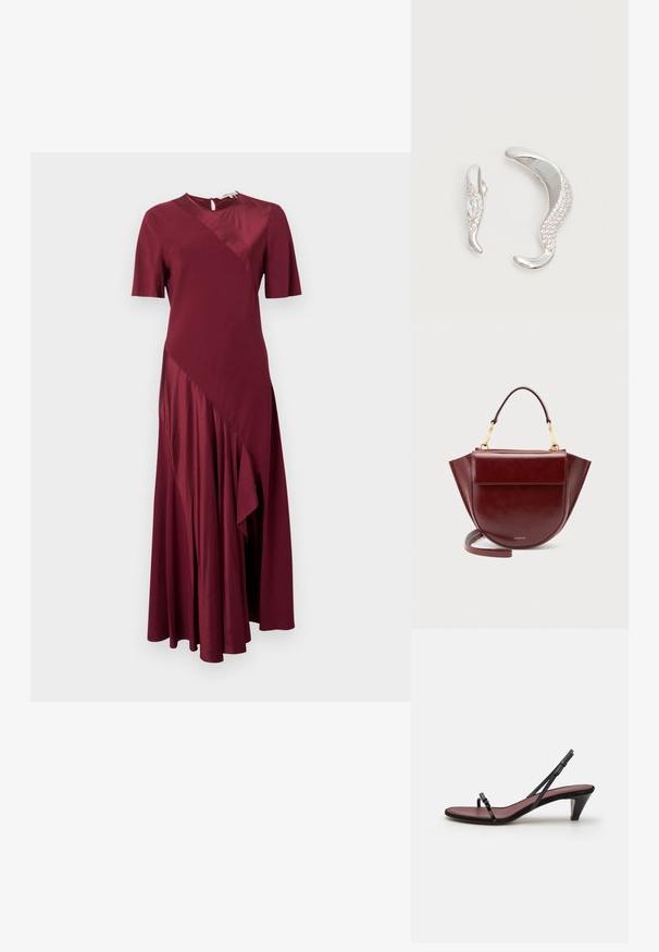 Burgundy short-sleeve midi dress with asymmetrical satin panels and a round neckline with back button closure.; Black heeled sandal featuring thin straps and a small decorative buckle. The insole is a contrasting burgundy color, with a slender conical heel.; Dark red leather handbag with top handle, gold hardware, flap front pocket, and long strap, set against a plain light background.; Two curved silver earrings, one larger than the other, both adorned with small sparkling crystals along one edge.