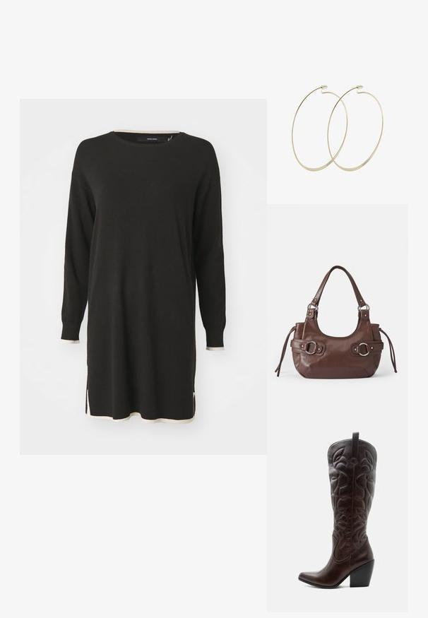 Vestido suéter negro de manga larga con acentos de canalé de color crema en el escote y el dobladillo. Presenta aberturas laterales para mayor facilidad de movimiento.; Bota vaquera alta de cuero marrón oscuro con patrones decorativos cosidos, punta puntiaguda y tacón de bloque apilado.; Bolso de mano de cuero marrón con forma redondeada, herrajes plateados, dos correas laterales y una textura suave. Cuenta con un asa superior única.; Pilgrim Pendientes - gold-coloured
