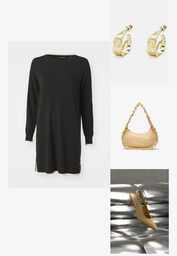 Vestido suéter negro de manga larga con acentos de canalé de color crema en el escote y el dobladillo. Presenta aberturas laterales para mayor facilidad de movimiento.; Zapato beige de ante con tacón kitten y tira trasera, con una hebilla plateada, colocado sobre una superficie metálica brillante y capitonada.; Bolso beige texturizado con forma redondeada, con un borde deshilachado a lo largo de los lados y una correa corta para llevar. Apertura con cremallera en la parte superior.; Pendientes en tono dorado con forma de manos abstractas, que presentan una superficie brillante, detalles intrincados y un poste de plata y oro para un ajuste seguro.