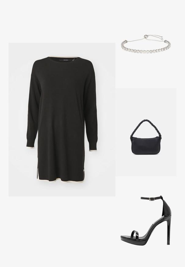 Vestido suéter negro de manga larga con acentos de canalé de color crema en el escote y el dobladillo. Presenta aberturas laterales para mayor facilidad de movimiento.; Steve Madden MILANO - Sandalias de tacón - black; Bolso negro de forma redondeada, hecho de material liso. Presenta un asa trenzada y un cierre de cremallera para un almacenamiento seguro.; Pulsera de plata ajustable con piedras sintéticas transparentes en un engaste de garras. Presenta un cierre deslizante de bola para personalizar el tamaño.