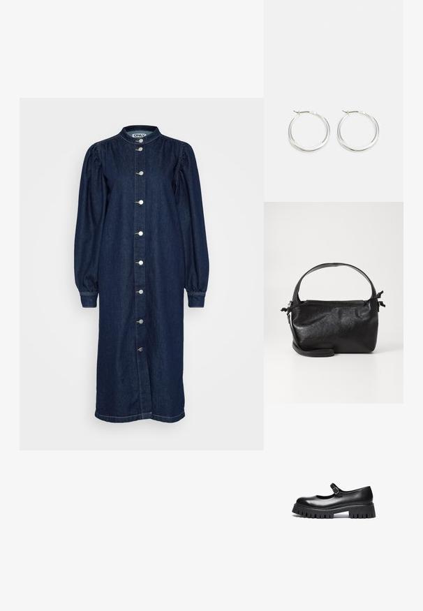 Mørkeblå denimkjole med høj krave, lange pufærmer og knaplukning foran. Har sølvknapper og en lige silhuet.; Sorte læder Mary Jane-style sko med rund tå, ankelrem og chunky gummisål med ribbet detaljering.; Sort læderhåndtaske med et struktureret design, rund tophåndtag og aftagelig skulderrem. Den har en glat tekstur og en subtil glans.; Sølv hoops øreringe har et glat, afrundet design med en slank profil og sikker spænde. Minimalistisk stil med en poleret finish.