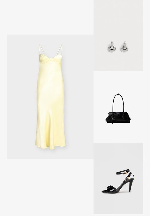 Robe nuisette en satin jaune avec bonnets à armatures, détail froncé au niveau de la poitrine, fines bretelles spaghetti et fente centrale à l'avant.; Sandale à talon haut en cuir verni noir avec double bride de cheville et boucles dorées, bout ouvert, et talon effilé sur fond neutre.; Sac à épaule en cuir noir à texture crocodile, avec de longues sangles et un petit charm logo argenté sur une sangle.; Paire de petites boucles d'oreilles créoles argentées brillantes avec une base ronde, présentées sur un fond clair uni.