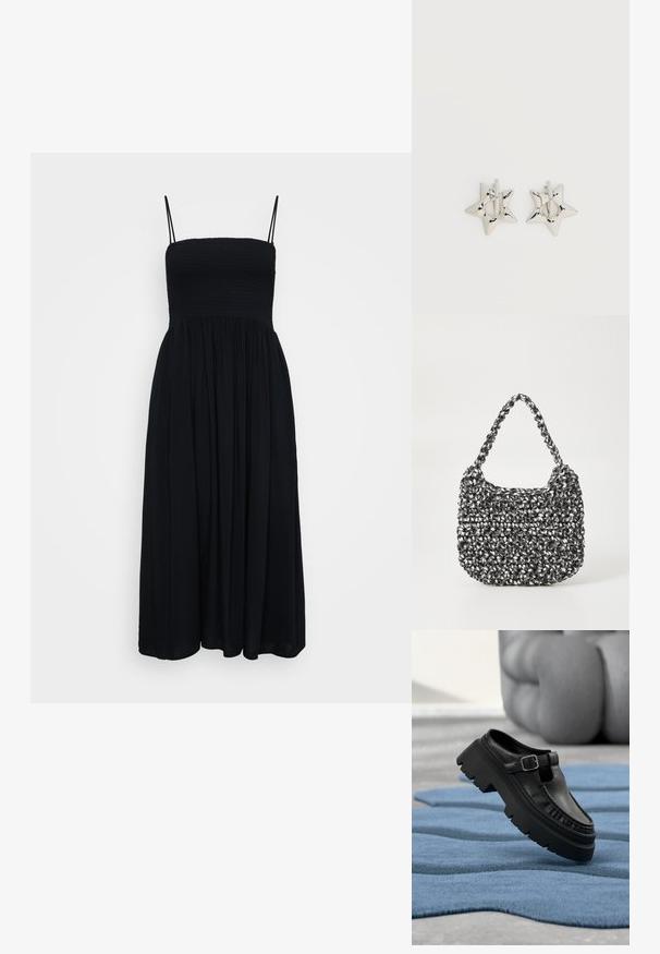 Zwarte maxi-jurk met verstelbare spaghettibandjes, smock-lichaam, geplooide rok en zachte stof voor een vloeiende silhouet.; Zwarte leren loafer met dikke grof profielzool en zilveren gesp, schuin geplaatst op een gestructureerd blauw vloerkleed.; Geweven handtas in zwart en wit met een ronde vorm, gestructureerd oppervlak en een gevlochten handvat. Geschikt voor dagelijks gebruik.; Zilverkleurige stervormige oorringen met een gladde, gepolijste afwerking op een effen witte achtergrond.