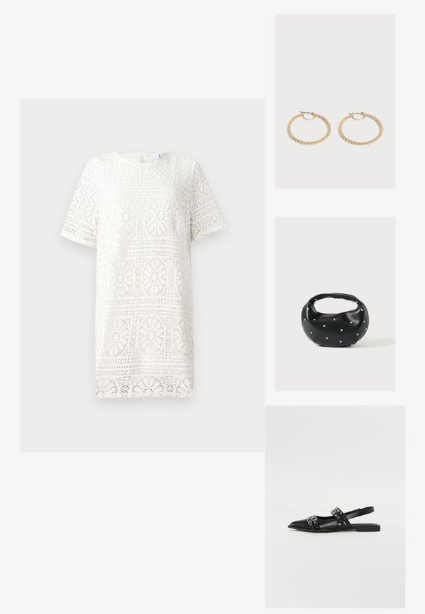Robe en dentelle blanche avec un motif floral géométrique, manches courtes et encolure ronde. Texture douce avec un design complexe.; Even&Odd by Zalando Ballerines à brides arrière - black; Sac à main en cuir noir de forme arrondie, décoré de clous argentés et équipé d'une poignée courte. Texture lisse et fermeture éclair.; Paire de boucles d'oreilles créoles en or de taille moyenne avec un design texturé et perlé sur un fond clair uni.