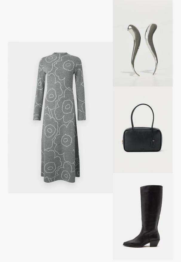 Robe midi à manches longues grise avec de grands motifs floraux blancs en contour et un col haut arrondi sur un fond uni.; Botte en cuir noire mi-mollet avec un bout pointu et un talon bas incliné sur un fond clair uni.; Sac à main rectangulaire noir avec doubles poignées arrondies, fermeture éclair dorée et logo "HUGO" embossé sur le devant avec une étiquette en cuir attachée.; Boucles d'oreilles en argent métallique avec une forme élégante et allongée, présentant une surface lisse et un design incurvé qui se termine par une pointe.