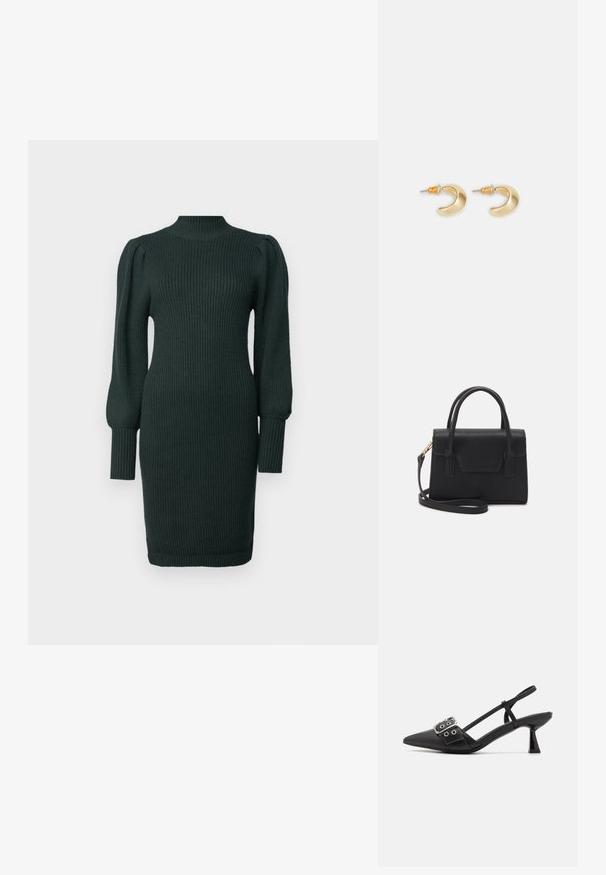 Donkergroene geribbelde gebreide jurk met een hoge hals, voluminieuze mouwen en een getailleerde silhouet, eindigend net boven de knie.; Simmi London DALA - Klassieke pumps - black; Zwarte gestructureerde handtas van leer met een bovenhandvat, een afneembare schouderriem en een voorflapdetail. Gouden hardwareaccenten.; Gouden halvmaanvormige oorbellen met een gladde afwerking, voorzien van oranje accenten bij de stekker en zilveren hardware.