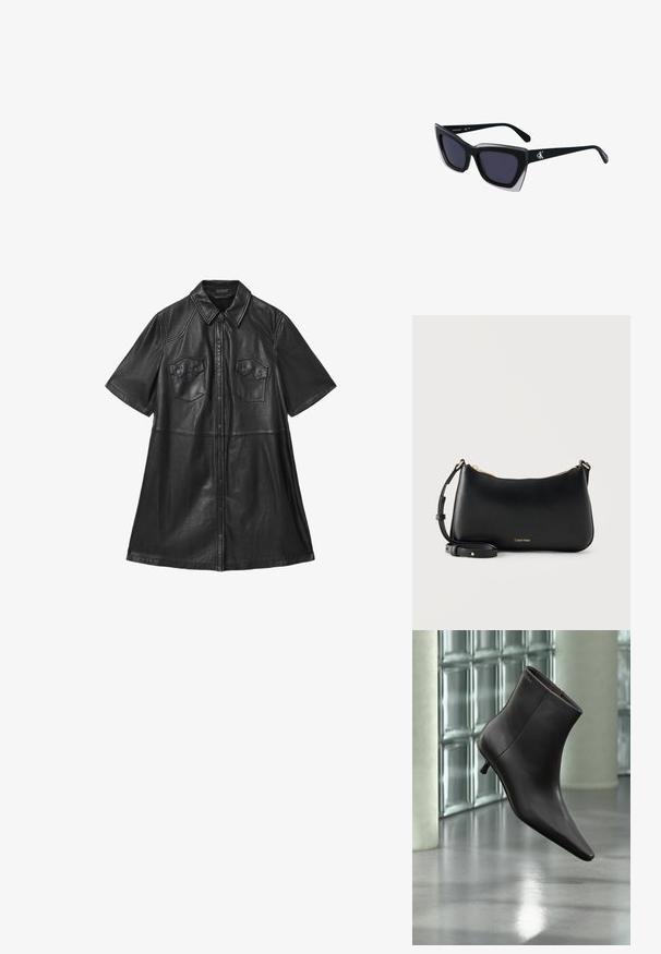 Zwarte leren shirtjurk met korte mouwen, kraag, twee borstzakken en een sluiting met knopen aan de voorkant. Soepele textuur met geknipte naden.; Zwarte leren enkellaars met puntige neus en lage hak, afgebeeld tegen een glazen blokkenmuur en gepolijste vloer op de achtergrond.; Zwarte oversized zonnebril met een geometrische vorm, voorzien van donkere glazen en een contrasterend grijs detail op het montuur. Logo op de arm.; Zwarte leren schoudertas van Calvin Klein met gouden rits en verstelbare band op een effen lichte achtergrond.