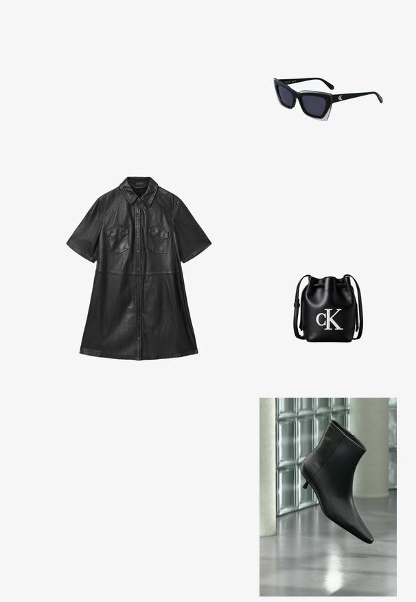 Diseño de vestido camisero de cuero negro con mangas cortas, cuello con solapa, dos bolsillos en el pecho y cierre frontal con botones. Textura suave con costuras ajustadas.; Botín negro de cuero con punta puntiaguda y tacón bajo estilo kitten, mostrado en ángulo sobre un suelo pulido y con una pared de bloques de vidrio de fondo.; Gafas de sol negras de gran tamaño con una forma geométrica, que presentan lentes oscuros y un detalle gris contrastante en la montura. Logo en la pata.; Bolso tipo bucket de cuero negro con cierre de cordón en la parte superior y logotipo blanco "cK" en la parte frontal, con una correa de hombro ajustable.
