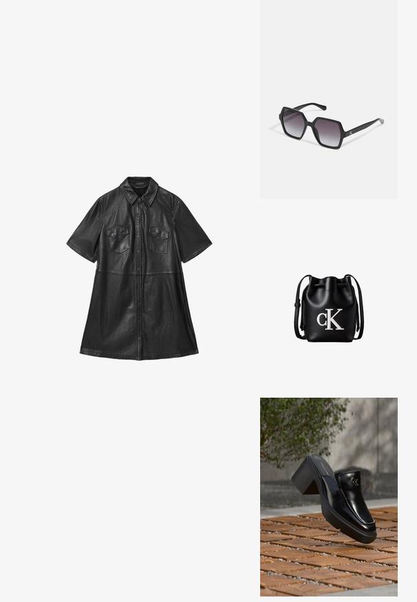 Zwarte leren shirtjurk met korte mouwen, kraag, twee borstzakken en een sluiting met knopen aan de voorkant. Soepele textuur met geknipte naden.; Zwarte leren Calvin Klein slip-on mule met blokhak rustend op houten tegels buiten, vlak bij een groene plant en een grijze muur.; Zwarte hexagonale zonnebril met graduele lenzen, voorzien van een glanzende afwerking en subtiele branding op de veer. Duurzame kunststofconstructie.; Zwarte leren bucketbag met koordsluiting aan de bovenkant en wit "cK" logo aan de voorkant, met een verstelbare schouderband.