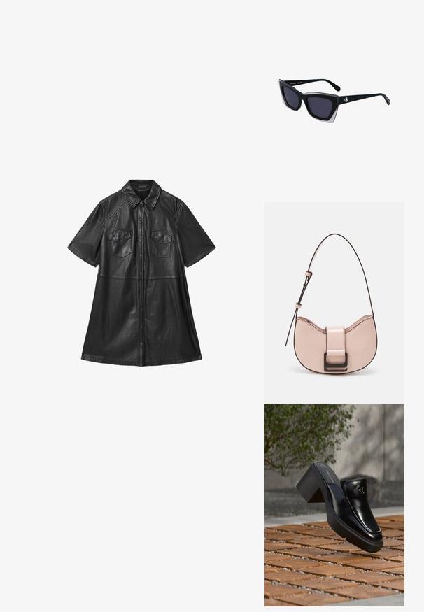 Diseño de vestido camisero de cuero negro con mangas cortas, cuello con solapa, dos bolsillos en el pecho y cierre frontal con botones. Textura suave con costuras ajustadas.; Mule tipo slip-on de cuero negro de Calvin Klein con tacón de bloque descansando sobre baldosas de madera al aire libre cerca de una planta verde y una pared gris.; Gafas de sol negras de gran tamaño con una forma geométrica, que presentan lentes oscuros y un detalle gris contrastante en la montura. Logo en la pata.; Pequeño bolso de piel rosa curvado con un acabado brillante, que presenta una correa de acento negra y un gran cierre de broche negro. Diseño cruzado.