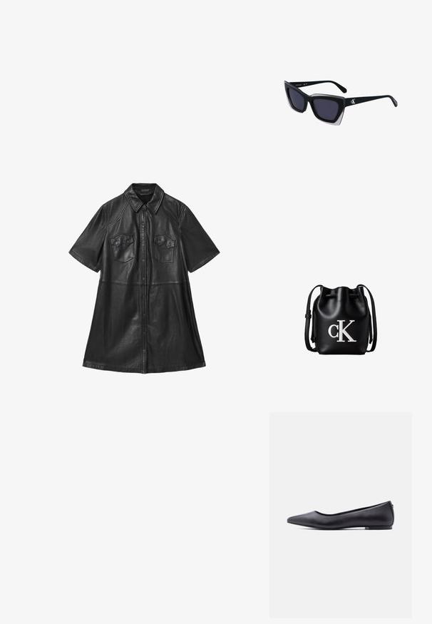 Zwarte leren shirtjurk met korte mouwen, kraag, twee borstzakken en een sluiting met knopen aan de voorkant. Soepele textuur met geknipte naden.; Zwarte platte leren schoen met puntige neus en lage hak, zijaanzicht tegen een witte achtergrond.; Zwarte oversized zonnebril met een geometrische vorm, voorzien van donkere glazen en een contrasterend grijs detail op het montuur. Logo op de arm.; Zwarte leren bucketbag met koordsluiting aan de bovenkant en wit "cK" logo aan de voorkant, met een verstelbare schouderband.