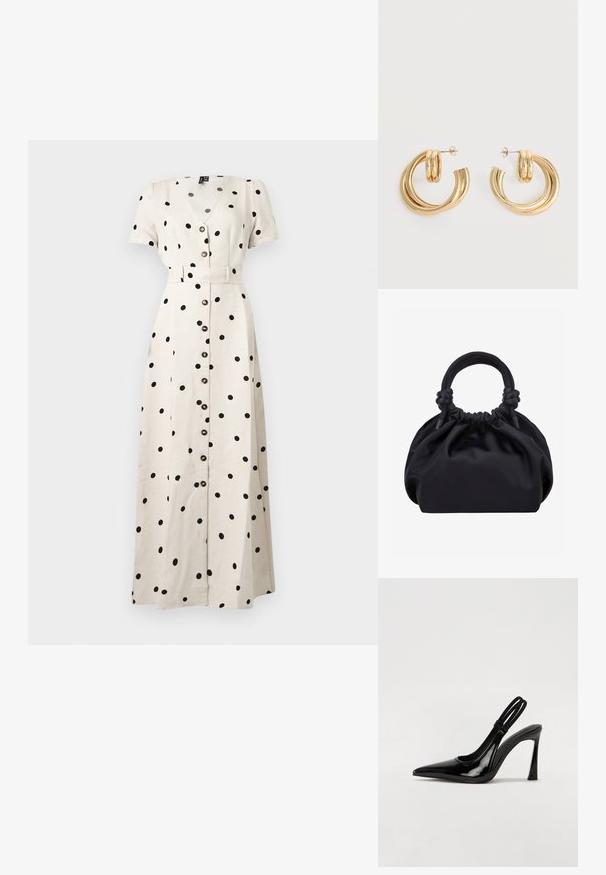 Άσπλο μακρύ φόρεμα με κοντά μανίκια και μαύρες πουά, κουμπιά μπροστά, λαιμόκοψη V και ζώνη στη μέση.; Μαύρη πατέντα δερμάτινη γόβα slingback με μυτερή μύτη, λεπτό ψηλό τακούνι και διπλή ελαστική ζώνη για ασφαλή εφαρμογή. Λοξό, γυαλιστερό επιφάνειο.; Μαύρη μαλακή τσάντα από ύφασμα με ραμμένο πάνω μέρος και κυκλικές επενδεδυμένες λαβές δεμένες με κόμπους σε κάθε πλευρά.; Ζευγάρι λαμπερά χρυσά σκουλαρίκια με διπλό βρόχο και πίσω κούμπωμα σε λευκό φόντο.