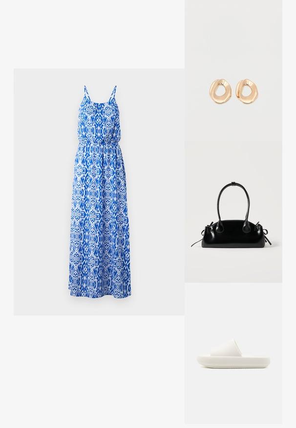 Robe maxi avec un motif élaboré bleu et blanc, design sans manches, corsage smocké et jupe évasée. Fabriquée en tissu léger.; Sandale blanche à semelle plate avec une sangle texturée et une semelle ronde et surélevée. Le matériau semble lisse et durable avec un motif subtil.; Petit sac à main noir brillant avec deux longues anses et des détails à cordon sur les côtés sur un fond clair uni.; Paired boucles d'oreilles en métal doré poli de forme irrégulière avec un centre ouvert sur un fond blanc uni.