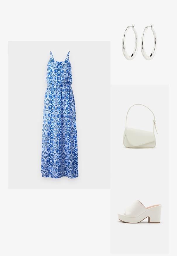 Maxi-jurk met een blauw-wit ingewikkeld patroon, zonder mouwen, met een smock-borstvoeding en een flared rok. Gemaakt van lichtgewicht stof.; Witte platform mules met een gladde afwerking, open teen ontwerp en een chunky hak. Kenmerkt zich door een subtiele bovennaad en een contrasterende zool.; Witte nepleren handtas met een gestructureerde driehoekige vorm, een enkele verstelbare schouderriem en een klep met ronde accenten.; Zilveren oorbellen in de vorm van een gladde, glanzende ring. Circulaire vorm, voorzien van een veilige sluiting. Eenvoudig en elegant ontwerp.
