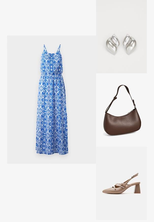 Vestido maxi con un intrincado patrón azul y blanco, diseño sin mangas, torso fruncido y falda acampanada. Hecho de tejido ligero.; Zapato slingback de charol beige con punta afilada, tres tiras finas con hebillas plateadas y un tacón ancho de bloque.; Pequeño bolso bandolera de cuero marrón con correa ajustable y cierre de cremallera, mostrado sobre un fondo blanco. Sin logotipos ni adornos visibles.; Pendientes de plata con una forma orgánica y abstracta. Superficie lisa y brillante con un diseño cónico. Presentan suaves curvas y un detalle de línea central.