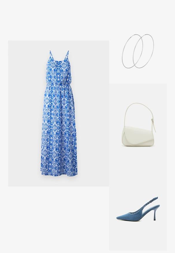 Vestido maxi con un intrincado patrón azul y blanco, diseño sin mangas, torso fruncido y falda acampanada. Hecho de tejido ligero.; Zapato de tacón alto con puntera puntiaguda, trasera tipo slingback en denim azul con detalles de ojales plateados y correa ajustable con hebilla.; Bolso de mano de imitación cuero blanco con una forma triangular estructurada, correa ajustable única y cierre con solapa acentuada en curva.; Pendientes de aro plateados con un diseño minimalista. Forma circular, textura suave y perfil delgado. Livianos con un acabado pulido.