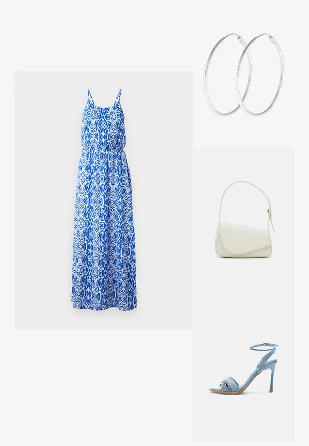 Vestido maxi con un intrincado patrón azul y blanco, diseño sin mangas, torso fruncido y falda acampanada. Hecho de tejido ligero.; Sandalia de tacón alto de mezclilla azul claro con correa en el tobillo, puntera abierta y detalle de cremallera plateada y charm en la correa frontal.; Bolso de mano de imitación cuero blanco con una forma triangular estructurada, correa ajustable única y cierre con solapa acentuada en curva.; Pendientes de aro en tono plateado con forma redonda y un acabado pulido. Ambos pendientes son del mismo tamaño y cuentan con un mecanismo de cierre seguro.
