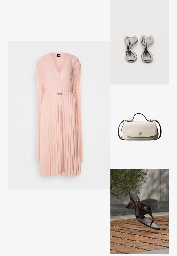 Plisseret kjole i blødt pink stof med en dyb V-udskæring. Har lange ærmer og en indsnævret talje med en detalje i sølvfarvet bælte.; Brun Calvin Klein hælet thong sandal svævende over træflise og grus udendørs med sløret grønt og stenmur i baggrunden.; Cremefarvet rektangulær håndtaske med sort rem og håndtag, foran klaplukning samt lille sølvfarvet "cK" logo midt foran.; Par af sølvtonede metale øreringe med abstrakt sammenflettet løbedesign på hvid baggrund.