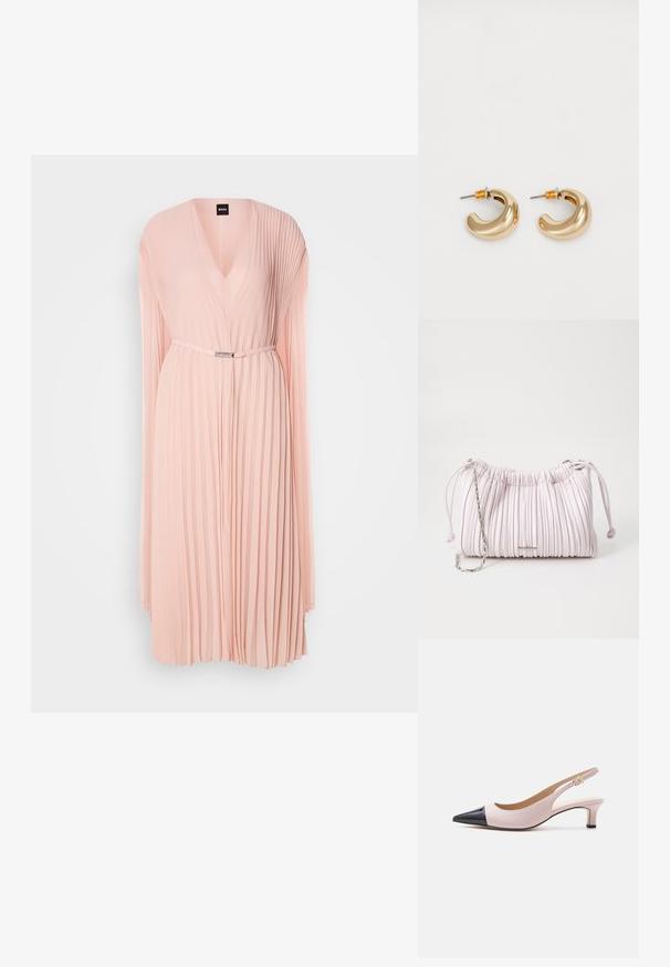 Faltenkleid aus weichem pinken Stoff mit tiefem V-Ausschnitt. Verfügt über lange Ärmel und eine taillierte Taille mit einem Gürteldetail in Silberfarbe.; Zweifarbiger Slingback-Kitten-Heel-Schuh in Beige und Schwarz mit spitzer Zehe und kleiner goldener Schnalle auf weißem Hintergrund.; Rosa gefaltete Handtasche aus Kunstleder mit einem Kordelzugverschluss und einem Schulterriemen aus silberner Kette. Glatte Textur, kompakte Form.; Zwei glänzende goldene Creolen in einem geschwungenen Design mit orangefarbenen Akzenten nahe dem Stecker, vor einem schlichten weißen Hintergrund.
