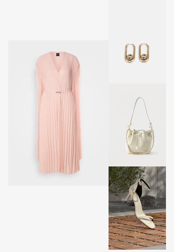 Plissé jurk van zachte roze stof met een diepe V-hals. Heeft lange mouwen en een cinched taille met een zilverkleurig riemdetail.; Beige sandaal met hoge hak en enkelriem, geplaatst op houten latten buiten, met vervaagde groene planten en betonnen achtergrond.; Crèmekleurige leren buideltas met trekkoordsluiting, gevlochten ketting- en leren schouderriem, en goudkleurige oogringen.; BOSS DOUBLE B SWING - Oorbellen - gold-coloured