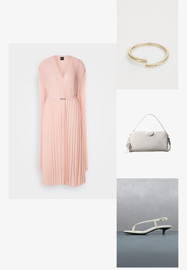 Faltenkleid aus weichem pinken Stoff mit tiefem V-Ausschnitt. Verfügt über lange Ärmel und eine taillierte Taille mit einem Gürteldetail in Silberfarbe.; Weiße Riemchenpantolette mit kitten heel und spitz zulaufender Zehenpartie, schwebt über einem Holzkachelboden im Freien mit verschwommenem Pflanzen- und Wandhintergrund.; Weiße rechteckige Calvin Klein Handtasche mit einem einzelnen Henkel, minimalistischem Design und dekorativen Quasten mit geometrischem Metallanhänger an der Seite.; Calvin Klein SPIRAL - Armband - gold-coloured