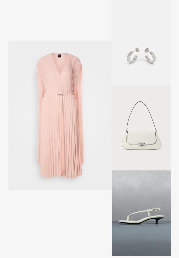 Plissé jurk van zachte roze stof met een diepe V-hals. Heeft lange mouwen en een cinched taille met een zilverkleurig riemdetail.; Witte sandaal met smalle bandjes en kitten heel, met een spitse neus, zwevend boven een houten tegelvloer buiten, met op de achtergrond een wazige plant en muur.; Witte leren handtas met een gebogen ontwerp, contrasterende zwarte stiksels en een zilveren sluiting met het Calvin Klein-logo.; Zilveren metalen hoepel oorbellen met een gestructureerd ontwerp, voorzien van een kleine post achter en branding op een van de hoepels. Ronde vorm met een gepolijste afwerking.