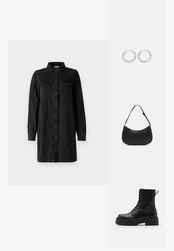 Vestido de camisa de mezclilla negra con cierre de botones en el frontal, cuello, mangas largas y dos bolsillos en el pecho. Presenta un diseño simple y un material resistente.; Botas de cuero negras hasta el tobillo con punta redonda, cordones en la parte delantera y una suela de goma gruesa con un dibujo texturizado. Tirador en la parte trasera.; Pieces PCALUANA SHOULDER BAG - Bolso de mano - black; Pendientes de aro plateados con textura ondulada e irregular. Presentan una forma circular delgada y un acabado reflectante.