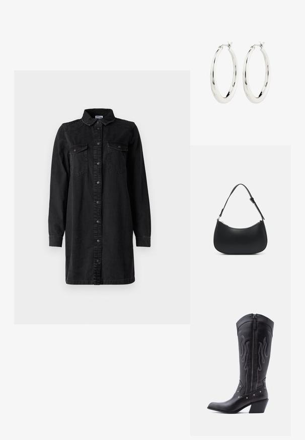 Zwart denim overhemdjurk met een knoopsluiting aan de voorkant, kraag, lange mouwen en twee borstzakken. Heeft een eenvoudig ontwerp en een stevig materiaal.; Zwarte leren cowboylaarzen met een puntige neus, zichtbare stiksels, zilveren studaccenten en een ritssluiting aan de binnenkant.; Pieces PCALUANA SHOULDER BAG - Handtas - black; Zilveren oorbellen in de vorm van een gladde, glanzende ring. Circulaire vorm, voorzien van een veilige sluiting. Eenvoudig en elegant ontwerp.