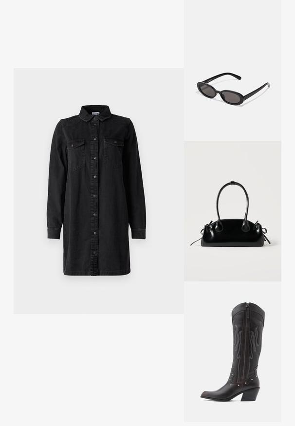 Schwarzes Denim-Hemdkleid mit Knopfverschluss, Kragen, langen Ärmeln und zwei Brusttaschen. Verfügt über ein schlichtes Design und strapazierfähiges Material.; Braune Cowboy-Stiefel aus Leder mit Flammenstickerei, seitlichem Reißverschluss, silbernen Nieten, spitzer Zehenpartie und geschichtetem Absatz.; Even&Odd by Zalando Sonnenbrille - black; Kleine schwarze glänzende Handtasche mit zwei langen Griffen und seitlichen Kordelzug-Details vor einfachem hellem Hintergrund.