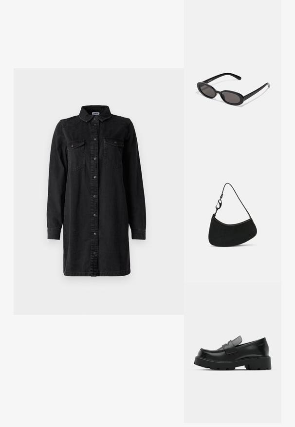 Sort denim skjortekjole med knaplukning foran, krave, lange ærmer og to brystlommer. Har et simpelt design og et robust materiale.; Sorte læder loafers med en chunky tekstureret sål, der har en rem over vamps og en glat, poleret finish.; Even&Odd by Zalando Solbriller - black; Sort håndtaske med en buet form, blød tekstur og en kort stropp med en metalspænde. Minimalistisk design uden mønstre eller accenter.