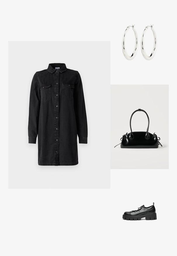 Schwarzes Denim-Hemdkleid mit Knopfverschluss, Kragen, langen Ärmeln und zwei Brusttaschen. Verfügt über ein schlichtes Design und strapazierfähiges Material.; Schwarze Leder-Schnürschuhe mit einer runden Zehenform, klobiger Plateausohle und dekorativen Nähten am Rand.; Kleine schwarze glänzende Handtasche mit zwei langen Griffen und seitlichen Kordelzug-Details vor einfachem hellem Hintergrund.; Silberne Creolen mit einer glatten, glänzenden Oberfläche. Kreisform, ausgestattet mit einem sicheren Verschluss. Einfaches und elegantes Design.