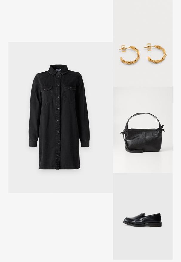 Schwarzes Denim-Hemdkleid mit Knopfverschluss, Kragen, langen Ärmeln und zwei Brusttaschen. Verfügt über ein schlichtes Design und strapazierfähiges Material.; Schwarze Lederloafer mit glatter Oberfläche, abgerundeter Zehenpartie und gestickten Details auf dem Obermaterial, sowie einer strukturierten Gummisohle für besten Halt.; Schwarze Lederhandtasche mit strukturiertem Design, rundem Haltegriff und abnehmbarem Schulterriemen. Sie weist eine glatte Oberfläche und einen subtilen Glanz auf.; Paar kleine goldene gedrehte Creolen mit Stecker und Schmetterlingsverschluss auf weißem Hintergrund.