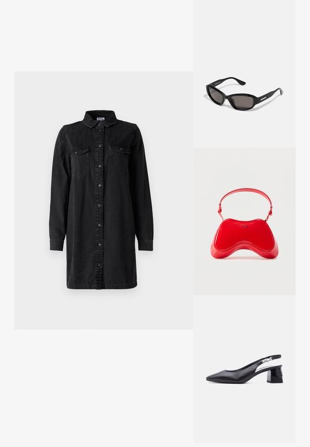 Schwarzes Denim-Hemdkleid mit Knopfverschluss, Kragen, langen Ärmeln und zwei Brusttaschen. Verfügt über ein schlichtes Design und strapazierfähiges Material.; Schwarzer Slingback-Schuh aus Leder mit spitz zulaufender Zehenpartie, niedrigem Blockabsatz und silberner Schnalle am Riemen, seitlich auf weißem Hintergrund gezeigt.; Schwarze Sonnenbrille mit rechteckigem Rahmen, dunklen Gläsern, glattem Kunststoffmaterial und einem metallischen Akzent am Bügel.; Rote Lackledertasche mit geschwungener, ergonomischer Form, ausgestattet mit einem dünnen, verstellbaren Riemen und einem dezenten Logo-Akzent auf der Vorderseite.