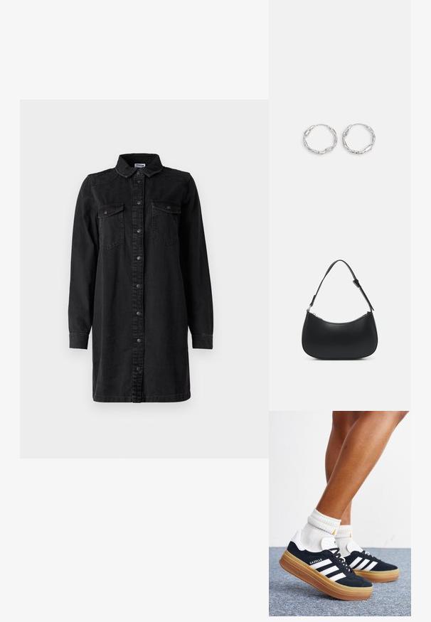 Sort denim skjortekjole med knaplukning foran, krave, lange ærmer og to brystlommer. Har et simpelt design og et robust materiale.; Ben iført hvide sokker og sorte Adidas Gazelle sneakers med hvide striber og tykke brune såler på et gråt tæppe.; Pieces PCALUANA SHOULDER BAG - Håndtasker - black; Sølv hoops med en bølget, uregelmæssig tekstur. Har en tynd, cirkulær form og en reflekterende finish.