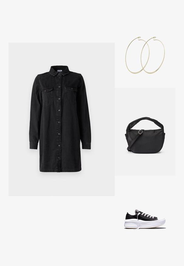 Schwarzes Denim-Hemdkleid mit Knopfverschluss, Kragen, langen Ärmeln und zwei Brusttaschen. Verfügt über ein schlichtes Design und strapazierfähiges Material.; Schwarzer, niedriger Canvas-Sneaker mit weißen Schnürsenkeln und dicker, mehrlagiger weißer Gummisohle vor weißem Hintergrund.; Schwarze Stoffumschlagtasche mit einem verdrehten Griff, einem abnehmbaren Schultergurt und einem Reißverschluss-Topverschluss. Glatte Textur und minimalistisches Design.; Pilgrim Ohrringe - gold-coloured