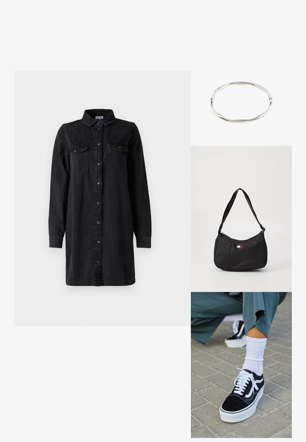 Sort denim skjortekjole med knaplukning foran, krave, lange ærmer og to brystlommer. Har et simpelt design og et robust materiale.; Sorte ruskinds sneakers med hvide accenter og snørebånd, der har en tyk hvid sål og kontrasterende syninger, parret med en hvid sok.; Sort skuldertaske i nylon med buet form, tilpasset logo-patch og en mønstret rem med teksten "TOMMY JEANS". Lynlåslukning på toppen.; Sølvfarvet, let ujævn rund armring med glat, poleret overflade og skjult lukning.