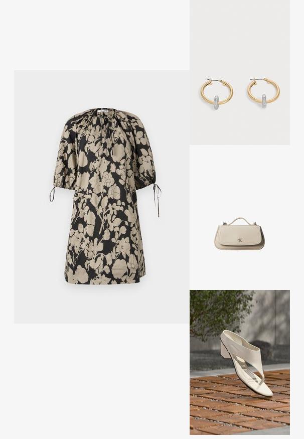 Robe à imprimé floral en noir et beige, confectionnée dans un tissu doux. Présente un décolleté froncé et des manches courtes ballon avec des liens.; Sandale à talon en cuir blanc avec une large bride et un entre-doigts, exposée en extérieur sur une surface carrelée en bois et en gravier avec de la verdure en arrière-plan.; Petit sac à main en cuir beige avec poignée supérieure et logo CK argenté sur le rabat avant, présenté sur fond blanc.; Paire de boucles d'oreilles créoles dorées avec un petit détail boucle ton argent sur chaque, exposées sur fond gris clair.