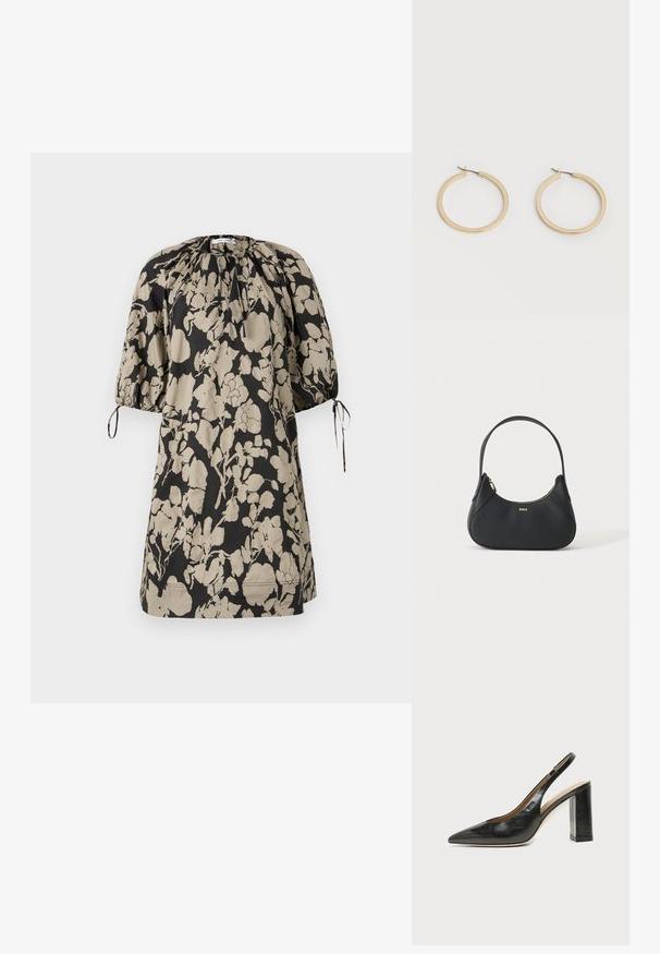 Robe à imprimé floral en noir et beige, confectionnée dans un tissu doux. Présente un décolleté froncé et des manches courtes ballon avec des liens.; Chaussure slingback en cuir noir à bout pointu avec un talon bloc haut et une doublure intérieure beige sur un fond clair uni.; Sac à bandoulière en cuir noir avec une forme incurvée, fermeture éclair dorée et petit logo doré à l'avant, isolé sur fond clair.; Paire de boucles d'oreilles créoles moyennes lisses ton or avec fermoirs à charnière sur fond clair uni.