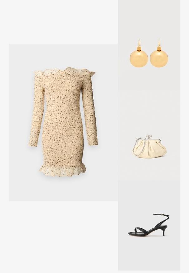 Beige textured long-sleeve dress with ruffled collar and hem, featuring a sheer polka dot overlay on ruffle details.; Black leather women's sandal with thin straps, a toe loop, ankle buckle, and a mid-height stiletto heel on a neutral background.; Pleated beige leather clutch with a silver metal frame, featuring two round decorative clasps and a silver chain strap.; Pair of shiny gold Christmas bauble earrings with hook fastenings on a plain white background.