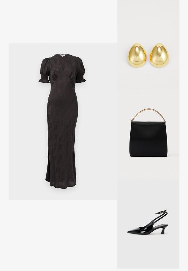 Vestido negro con diseño cruzado, mangas cortas abullonadas y silueta ajustada. Presenta una tela texturizada y una abertura lateral para mayor comodidad de movimiento.; Zapatos de tacón de charol negro con punta afilada, tacón bajo tipo bloque y correa ajustable en el tobillo con un hebilla dorada.; Bolso negro de tela suave, con forma estructurada, asa de cadena dorada y diseño geométrico minimalista.; Pendientes de studs de color dorado con una superficie lisa y pulida en forma de lágrima, que reflejan la luz para un acabado brillante.