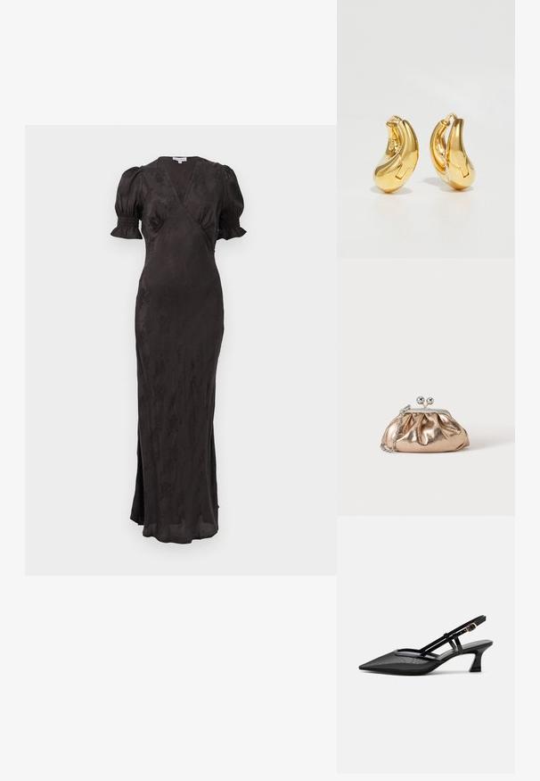 Schwarzes Kleid mit Wickeldesign, kurzen Puffärmeln und tailliertem Schnitt. Verfügt über einen strukturierten Stoff und einen seitlichen Schlitz für Bewegungsfreiheit.; Schwarzer spitzer Slingback-Schuh mit Mesh-Obermaterial, dünnen Riemen, goldener Schnalle und niedrigem, geschwungenem Absatz auf weißem Hintergrund.; Kleine goldene Metallic-Clutch mit silbernem Verschluss und Kettengurt auf einfachem hellem Hintergrund.; Goldene Creolen mit einer glatten, geschwungenen Form und polierter Oberfläche. Mit einem Verschlussmechanismus und leichten Einkerbungen für Details.
