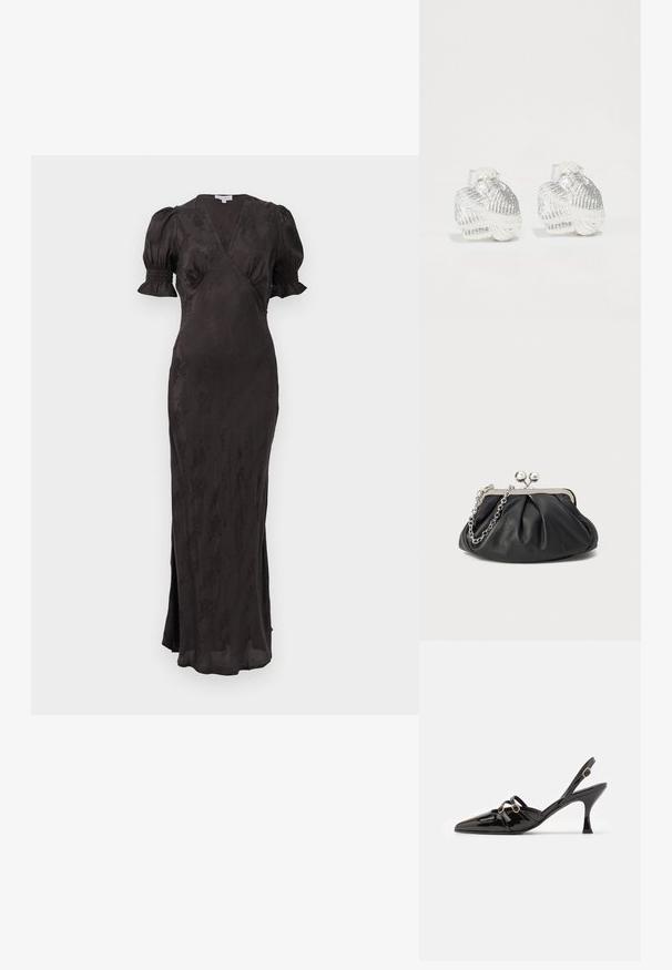 Zwarte jurk met een wikkeldesign, korte pofmouwen en een getailleerd silhouet. Beschikt over een textured stof en een zijsplit voor verhoogde bewegingsvrijheid.; ALOHAS JOELLE ONIX - Klassieke pumps - black; Zwarte leren clutch met geplooide textuur, zilverkleurig metalen frame, drukknopsluiting en kettingriem. Glad, zacht oppervlak.; Zilveren oorknopjes in schelpvorm met textuuraccenten en gladde rondingen, voorzien van een doorzichtige achterkant voor een veilige bevestiging.