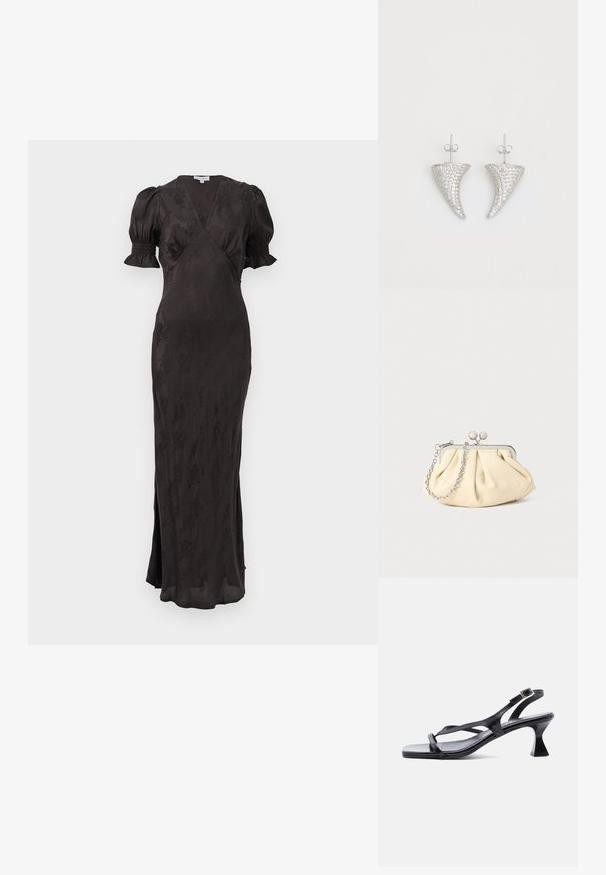 Vestido negro con diseño cruzado, mangas cortas abullonadas y silueta ajustada. Presenta una tela texturizada y una abertura lateral para mayor comodidad de movimiento.; Sandalia de mujer de cuero negro con tiras finas, punta cuadrada, hebilla ajustable en el tobillo y tacón acampanado de altura media.; Clutch de cuero beige plisado con un marco de metal plateado, que cuenta con dos broches decorativos redondos y una correa de cadena plateada.; Pendientes en forma de cuerno plateado, engastados con pequeñas piedras transparentes, que cuentan con un cierre trasero para su sujeción. Textura suave y acabado metálico.