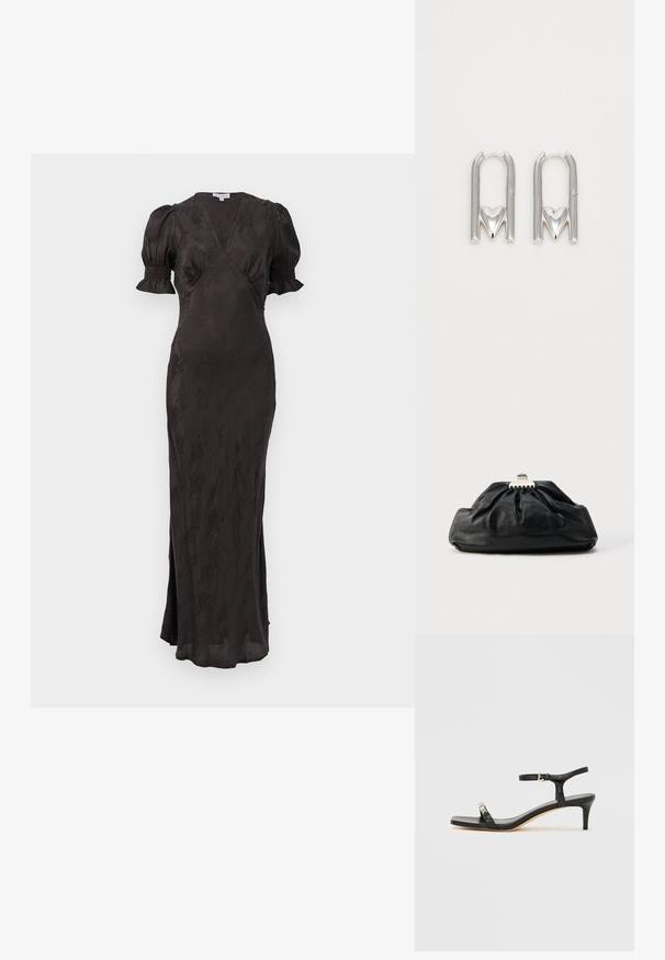 Schwarzes Kleid mit Wickeldesign, kurzen Puffärmeln und tailliertem Schnitt. Verfügt über einen strukturierten Stoff und einen seitlichen Schlitz für Bewegungsfreiheit.; Schwarze Leder-Sandale mit Absatz und Knöchelriemen, offenem Zehenbereich, quadratischer Vorderseite und silbernen Metallakzenten. Eng anliegendes Design mit schlanker Silhouette.; Schwarze Leder-Clutch mit geraffter Textur, Metallverschluss und dezentem, auf der Vorderseite geprägtem Logo. Abgerundete Form.; Silberne Ohrringe aus Metall in U-Form mit einem Herzakzent an der Basis, glatte Textur und polierte Oberfläche.